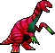 the battle sprite for Zino from Fossil Fighters. it is a red dinosaur standing on two legs and with long, green claws on its hands. it has dark stripes on its back, a dark green chest/belly, and is facing to the right